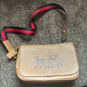 Coach Tan Crossbody Bag with Red and Black Strap